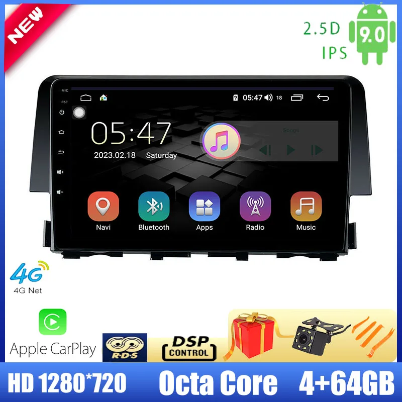Driwuzz For Honda Civic 2015 2016 Car Radio Multimedia Player 9'ɺndroid 9.0 Stereo Octa Core 4G Carplay DSP 2.5D BT TPMS |