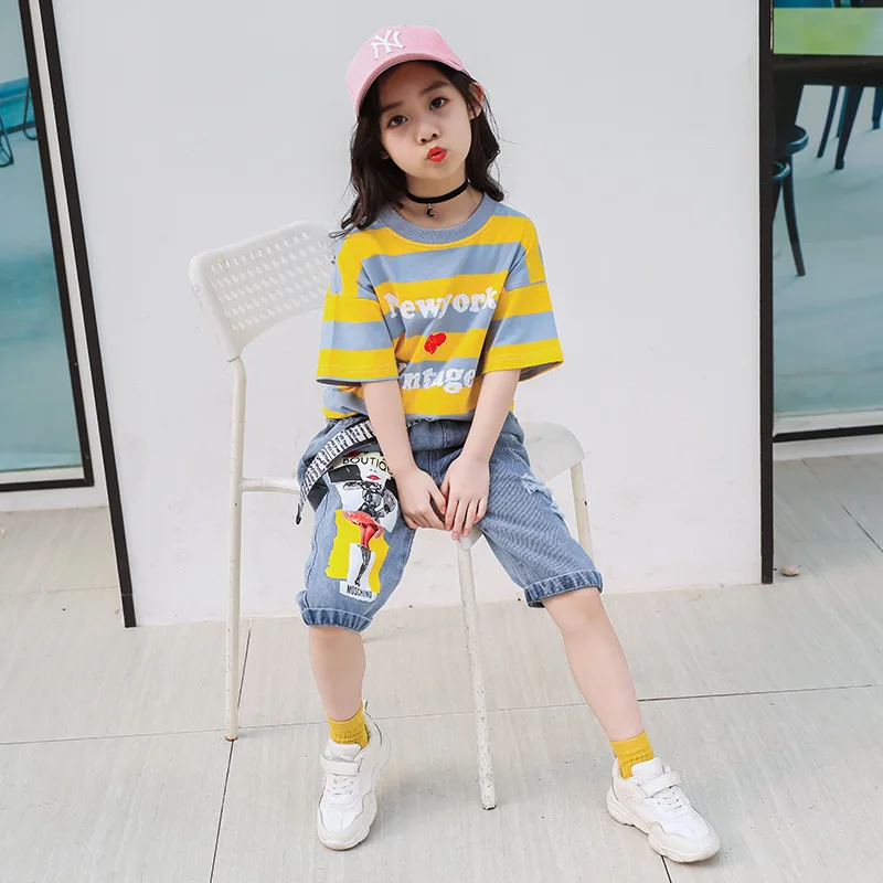 Girls Summer Clothes Summer Boutique Outfits Kids Clothing Set Toddler Children Striped T-shirt+ Denim Capri pants
