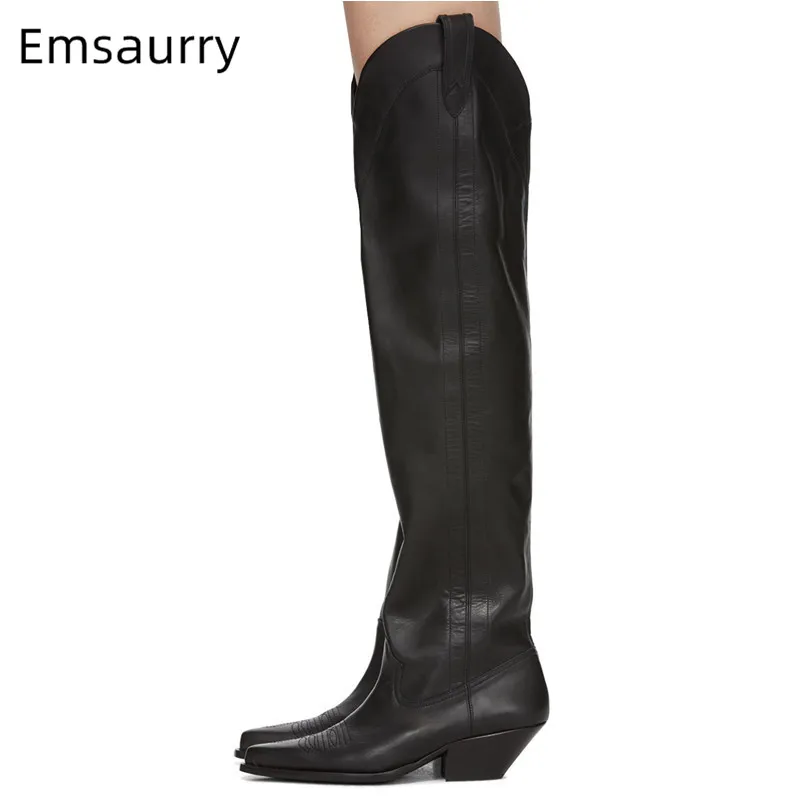 

Long Knight Boots Woman Over The Knee Slim Slip On Bottes Point Toe Sewing Botas Chunky High Heel Walking Shoes Female Bottes