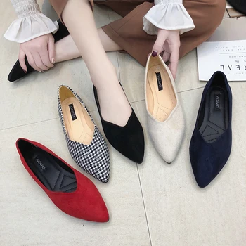 

Spring Autumn Women Flats Pointed Toe Plaid Ballet Flats Woman Shoes Solid Color Boat Shoes zapatos mujer Single Shoes N7131