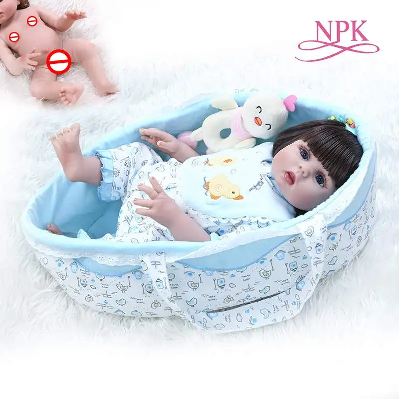 

48CM lifelike doll reborn baby doll full body soft silicone flexible cuddly baby carrying bag sleeping basket newborn baby