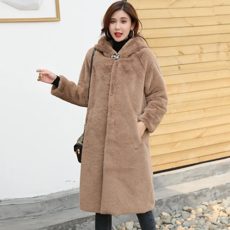 

Women Winter Solid Loose Femme Thick Warm Rex Rabbit Fur Jacket Female Hooded Fashion Femme Ladies Faux Mink Coats H883