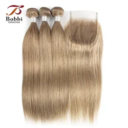2/3/4 Bundles with 4x4 Lace Closure Remy Straight Human Hair Weave Extension Color 8 Ash Blonde 16-24 inch Bobbi Collection