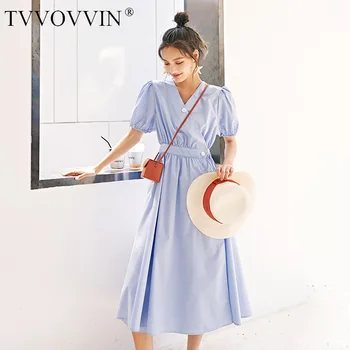 

TVVOVVIN 2020 NEW Summer Dress Solid Patchwork Short Sleeve Button Bandage Loose Casual Girl Female Pleated Empire A828