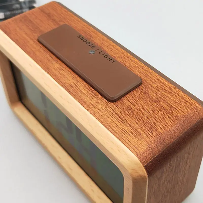 Easy Setting Wooden Digital Alarm Clock with Temperature, Date, Backlight, Snooze Functions for Bedroom Non Ticking
