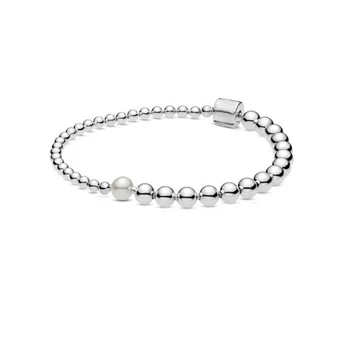 

925 Sterling Silver 2020 Autumn New Arrival Purely Pearl & Polished Beads Bracelet For Women Fit Original Charm Beads Jewelry
