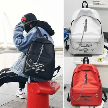 

Women Men Alphabet Print Canvas Backpack Fashion Students Teenager School Bag Chain Trend Double Shoulder Bag Travel