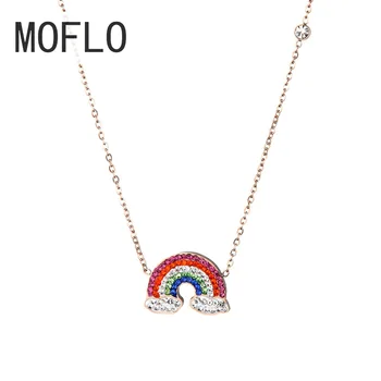 

MOFLO Rainbow Building Block Titanium Steel Necklace Woman Rose Gold Color Clavicle Chain Small Bling Bling Jewelry for Girls