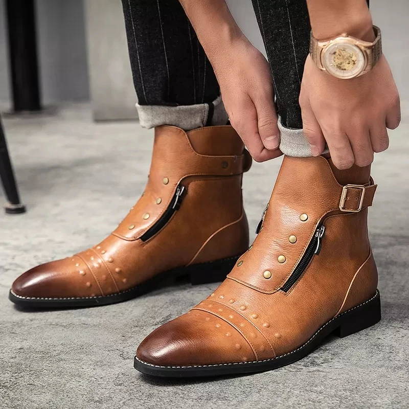 New Men pointed Rivet zipper Shoes Chelsea Boots Fashion Botas Frosted Trend Mens Casual Boots Luxury Hightop Shoes For Men