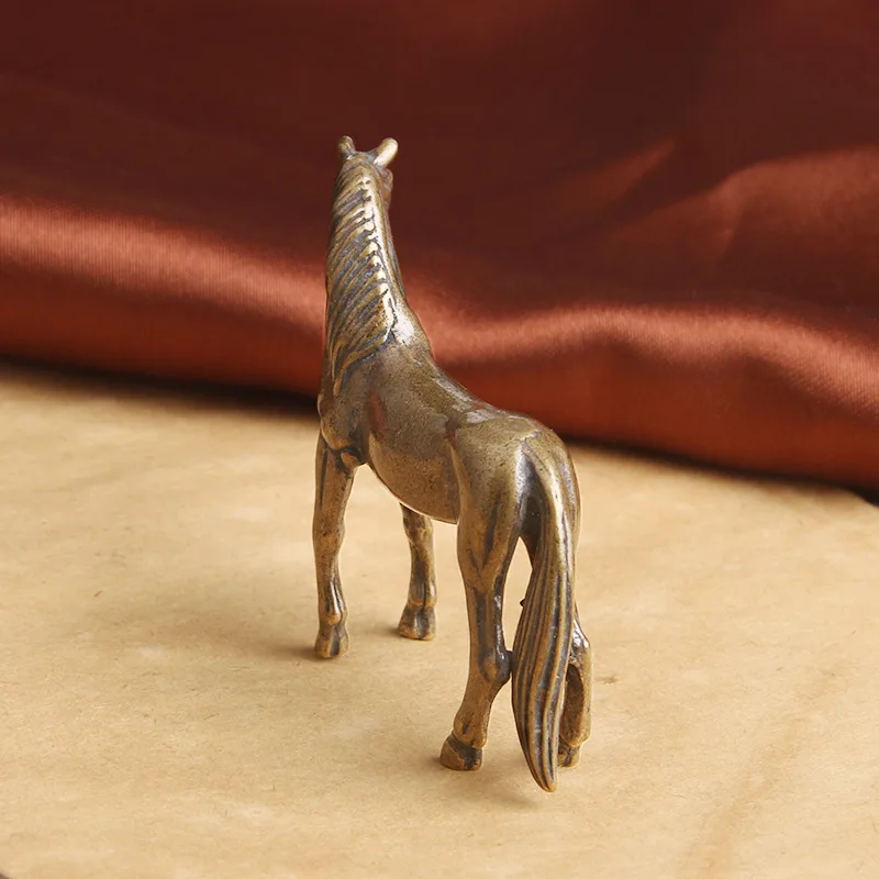 Antique Brass Solid Long Tail Horse Figurines Miniatures Feng Shui Ornaments Copper Zodiac Animal Mini Desktop Decoration Crafts