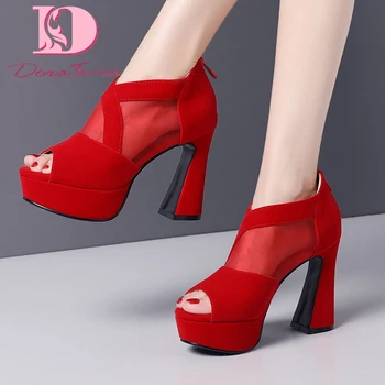 

Dora Tasia 2020 Brand Design Large Size 43 Flock Women Shoes Strange Style Heels Platform Zip Pumps Summer Party Woman Sandals