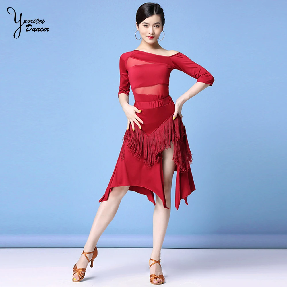 

2020 Spring New Milk Fiber Adult Latin Dance Dresses Black International Ballroom Dance Dress Sexy Tassels Dress Split Irregular