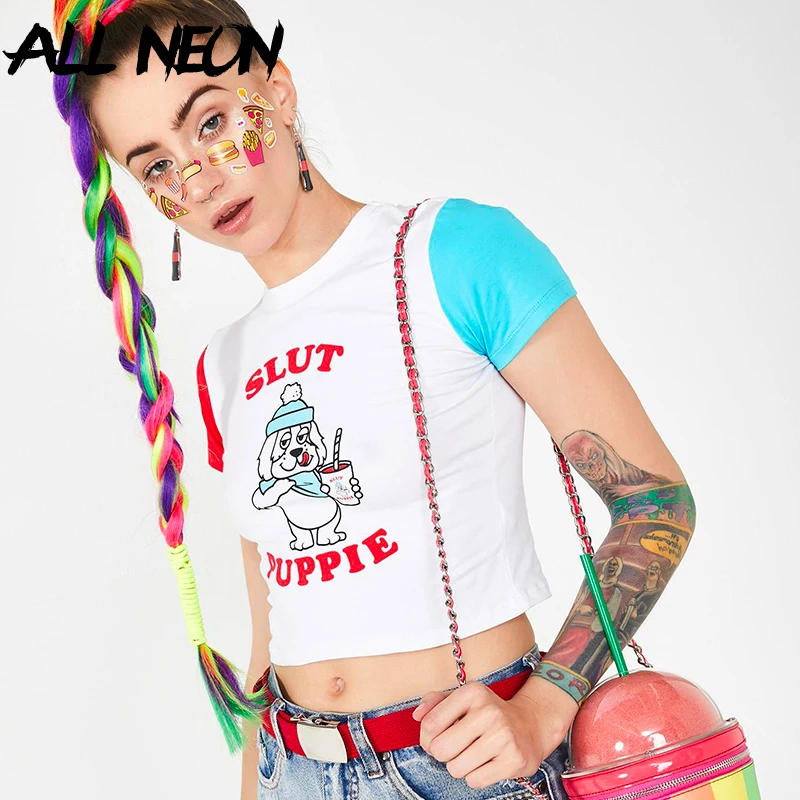 

ALLNeon Harajuku Short T Shirts Cartoon Print Patchwork Short Sleeve Cropped Tee Fashion Summer Tops Y2K Outfits Streetwear 2020