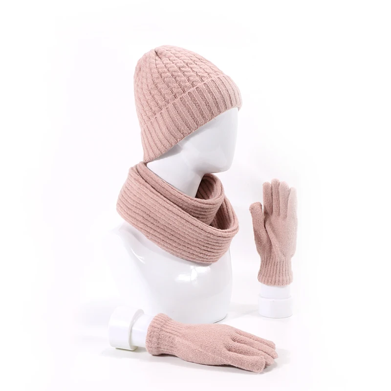 Шапка шарф перчатки Набор для женщин девушка зимняя теплая шапка бини для девочки шарф помпоны зимние шапки вязаные шапки шарф 3 шт Мода - Цвет: D