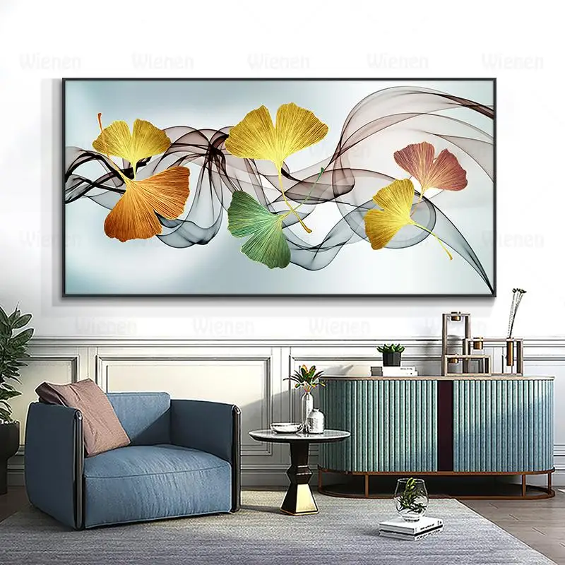 Gold Ginkgo Leaf and Feather Painting On Canvas Print Nordic Poster