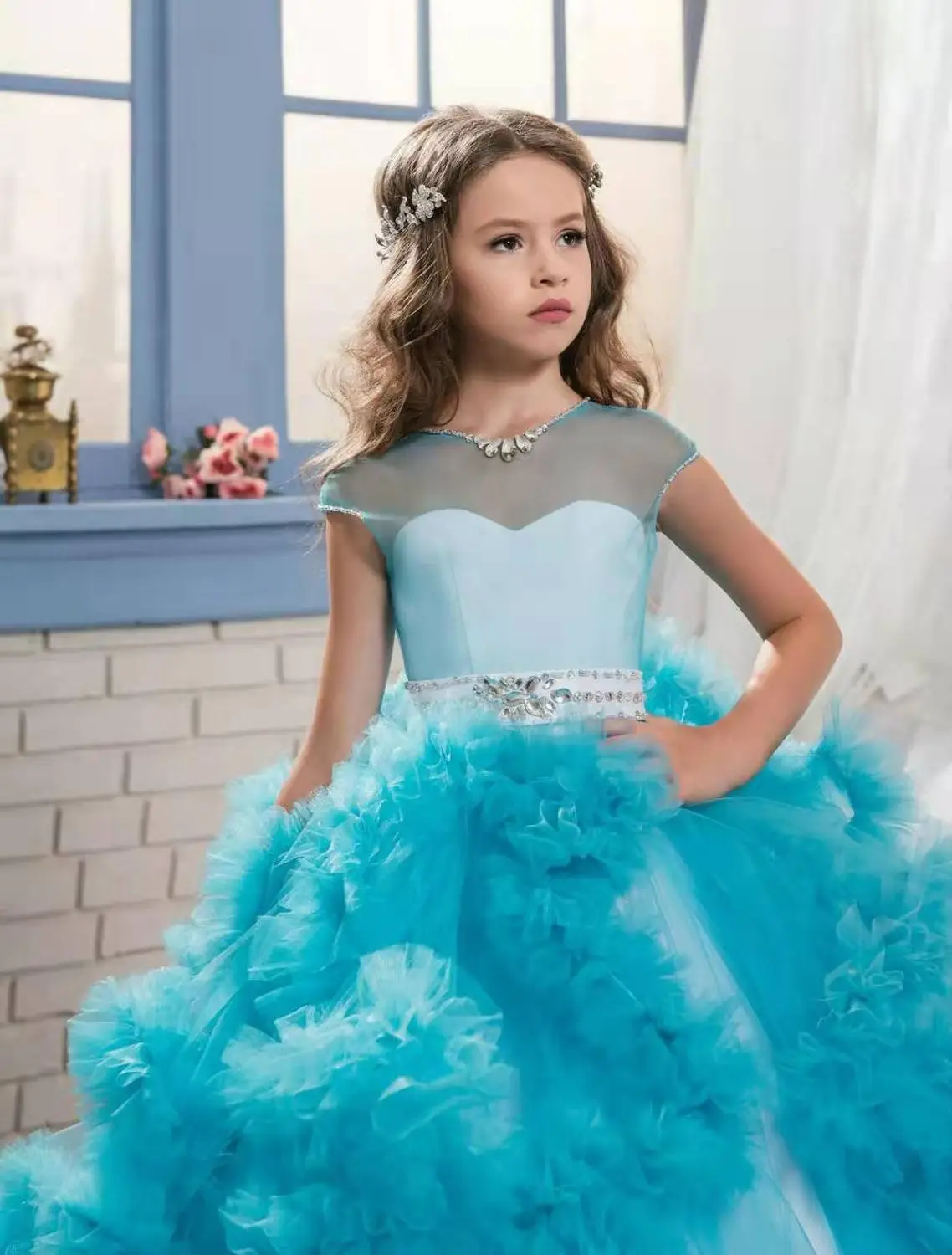 Нарядное платье-принцесса для выпускного вечера, элегантные кружевные платья для девочек вечернее платье для маленьких девочек платье с цветочным узором для девочек платье принцессы с юбкой-пачкой - Цвет: blue