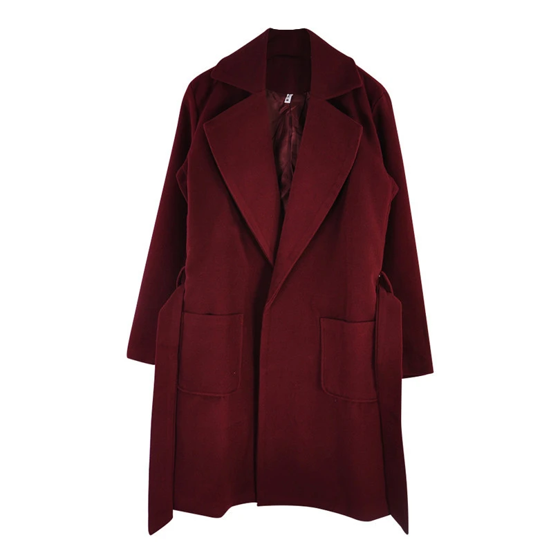 elegant Long Women's coat lapel 2 pockets belted Jackets solid color coats Female Outerwear