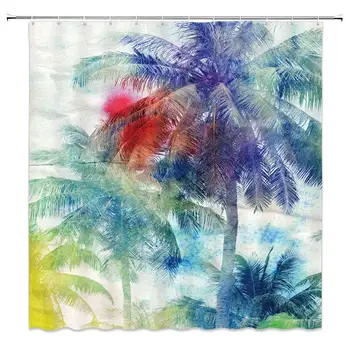 

Palm Tree Shower Curtain with Hooks, Retro Watercolor Silhouettes Tropical, Bathroom Shower Curtains Set Waterproof Polyester