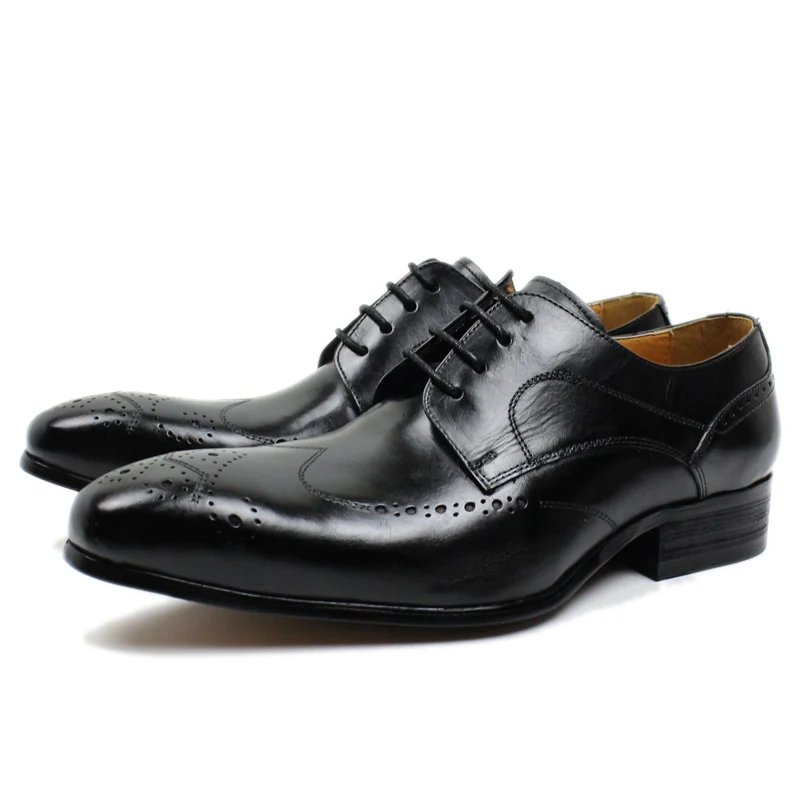 Handmade Men Dress Shoes Genuine Leather Derby Shoes Black Brown Pointed Business Office Work Lace Up Men's Formal Shoes Male - Цвет: Black