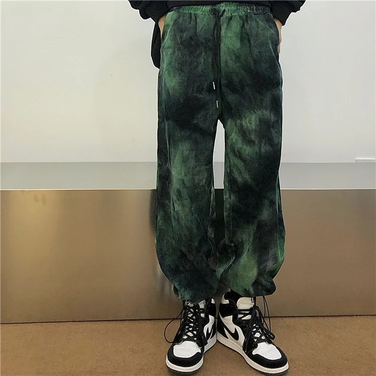 Hip Hop Tie Dye Pants Men's Fashion Casual Retro Corduroy Pants Men Streetwear Korean Loose Straight Wide Legs Pants Mens M-XL casual khaki pants