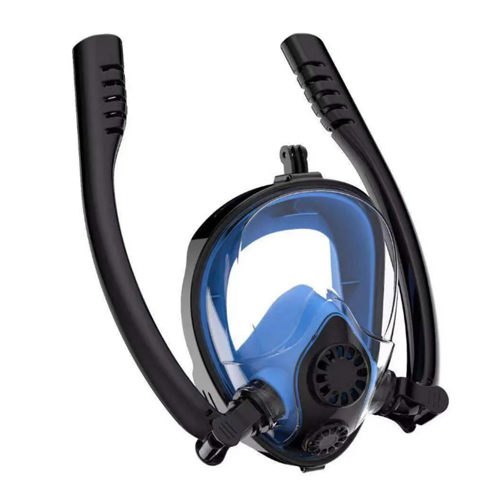 Двойной дыхательная трубка анфас маска для подводного плавания Для мужчин подводная противотуманная подводное плавание Для женщин открытая плавательная Дайвинг маска, оборудование - Цвет: Black-Blue