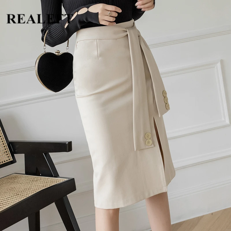 REALEFT-faldas entalladas de estilo Formal para mujer, faldas entalladas por debajo de la rodilla, con botones, cintura alta, - AliExpress de mujer