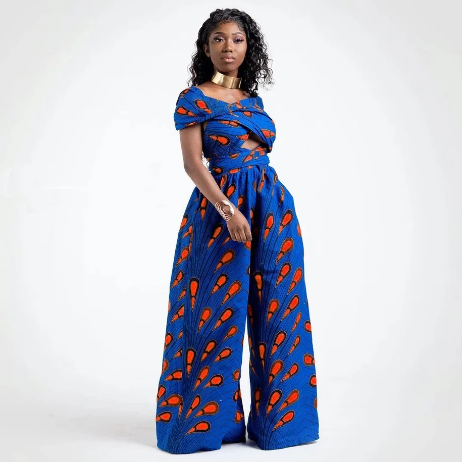 

2020 New Feather Digital Printed African Clothing Multi-Waist Jumpsuit Loose Large Size Casual Big Flare Pants