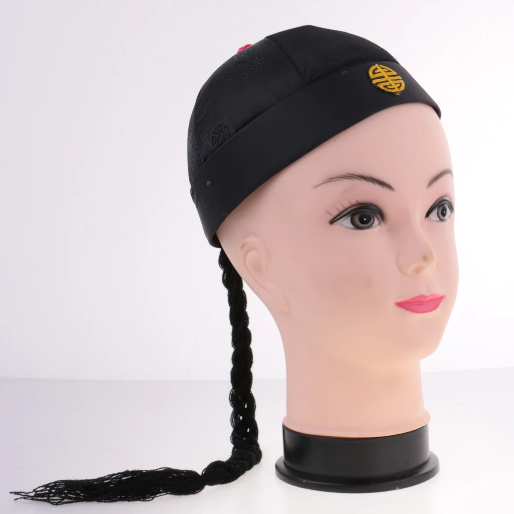 Adult Kids Black Chinese Oriental Cap With Ponytail Party Costume Hat