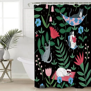 

Green Leaf Cat Flower Bathroom Shower Curtain Polyester Fabric With 12 Hooks Waterproof Fabric Shower Curtain