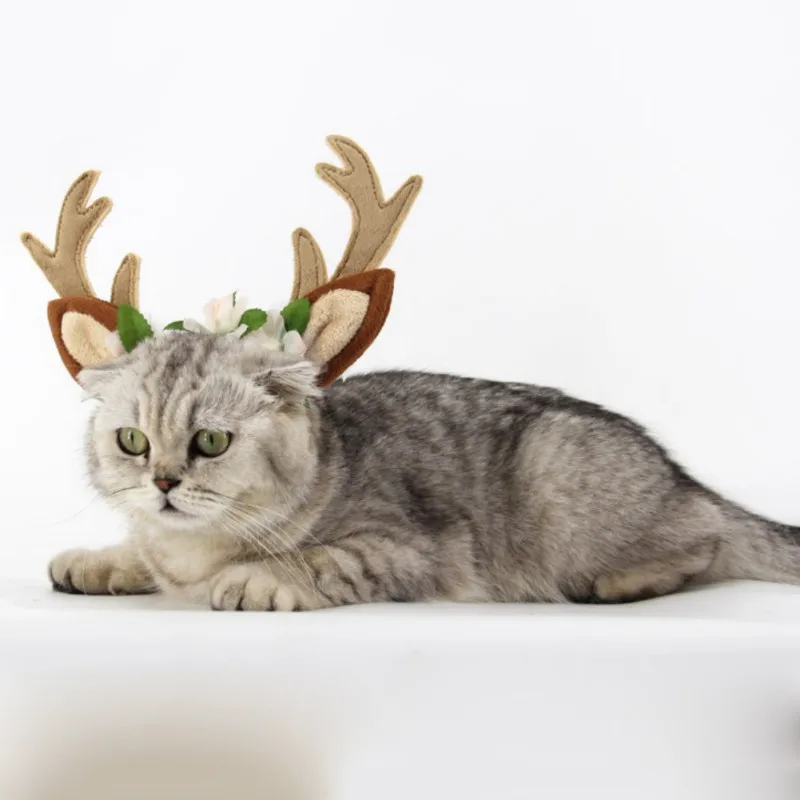 Рождество оленьи рога щенок изящная шляпка собака головное украшение для кошки с цветами котенок шляпа с лентами аксессуары для домашних животных