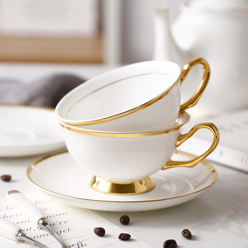 Gold Inlay Bone China Tea Cup Saucer Spoon Set 200ml Luxury - Main Image