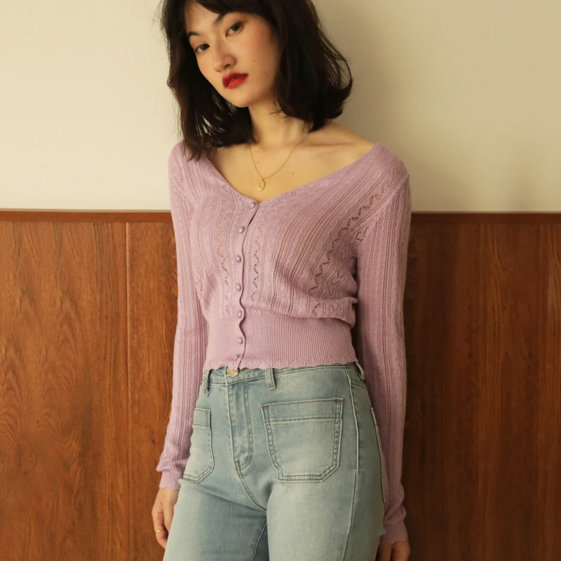 Women V Neck Pointelle Knit Cardigan With Width Trimming Knit Top Cardigans Aliexpress