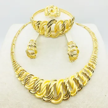 

Fashion women Dubai gold-color African bead jewelry sets Bridal wedding Party shiny zircon Necklace Bangle Earring Ring