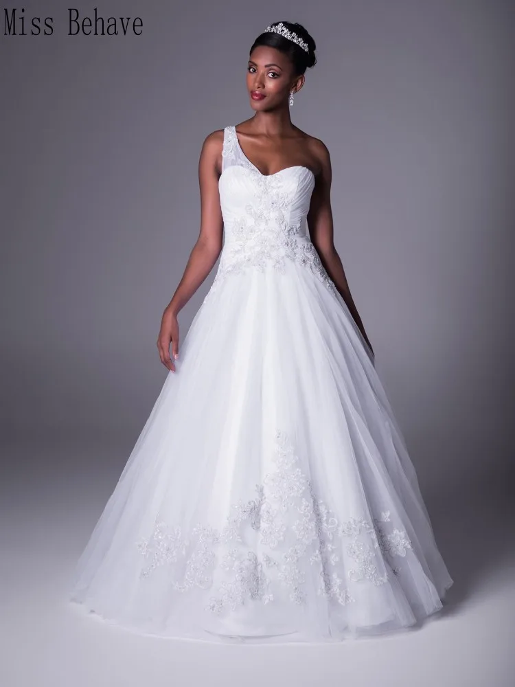 

DD JYOY One Shoulder 2020 Wedding Dress with Train Elegant A Line Wedding Gown Zipper Back Lace Pleat Body Free Custom Made
