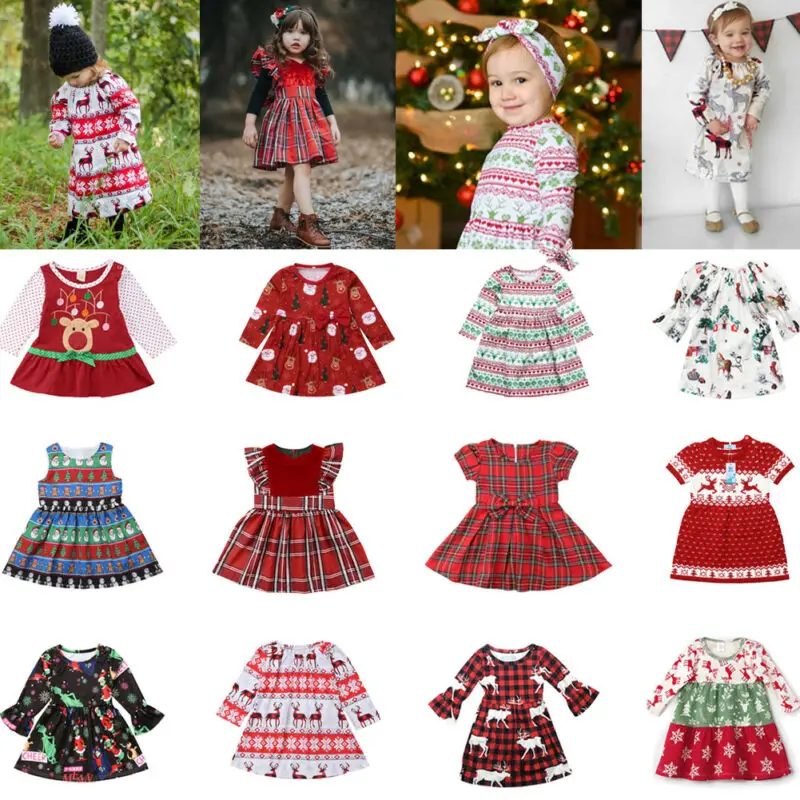 Рождественское платье с длинными рукавами для маленьких девочек платья принцессы с рождественским оленем одежда для маленьких девочек праздничное платье