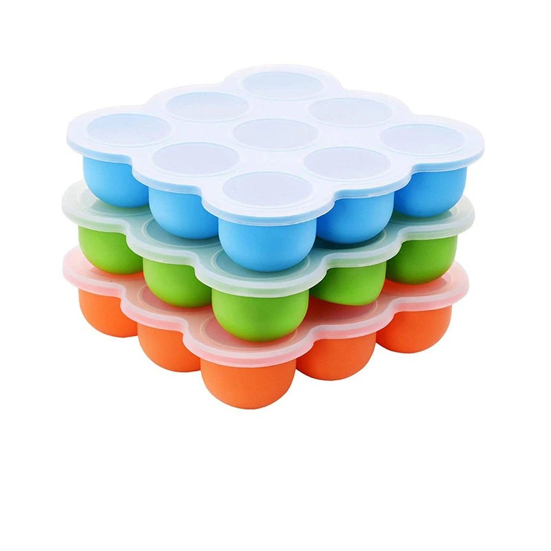 

19cm Silicone Food Freezer Trays Ice Cube Maker Food Storage Container 9 Large Cup With Clip-On Lids BPA For Homemade Food Safe