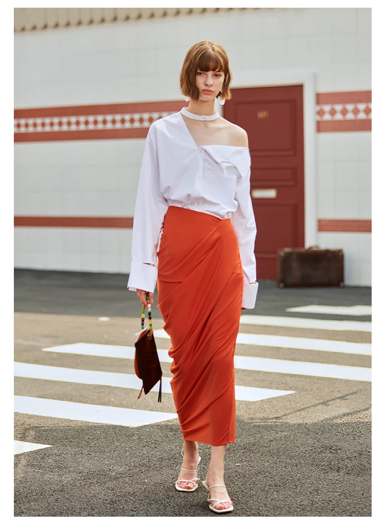 [EAM] оранжевая плиссированная юбка с высокой талией, с разрезом, темпераментная длинная юбка средней длины, женская модная новинка, весна-осень, 1D125