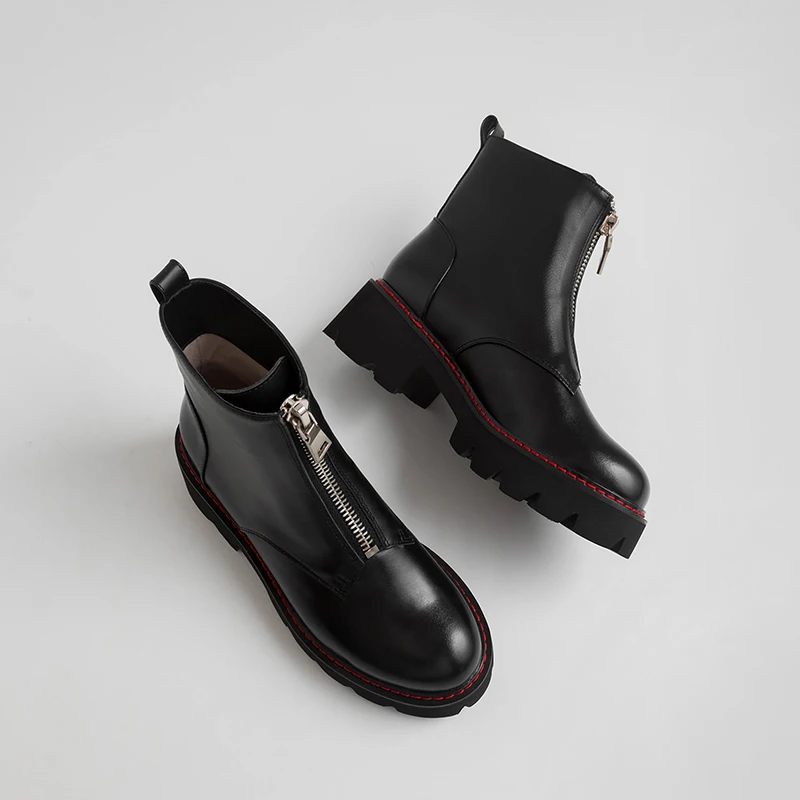 Женские ботинки; ботинки из натуральной кожи; черные ботинки Martens; женские ботильоны; мотоботы; зимняя обувь на платформе и толстом каблуке