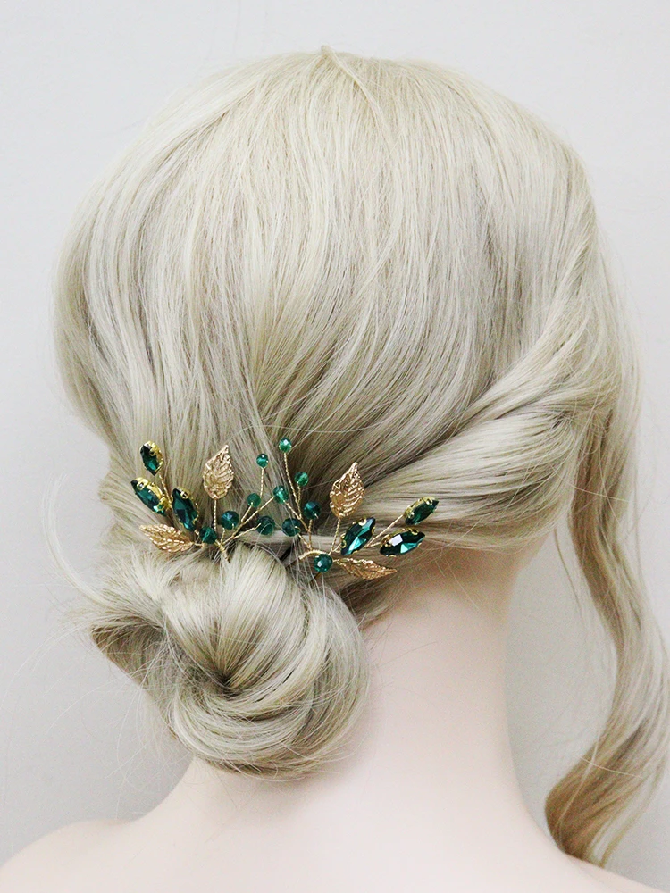 Green Rhinestones Wedding Hairpins Gold Leaves Bridal Hair Clips Prom Banquet Women Hair Accessories Festival Jewelry hair accessories,bridal hair accessories