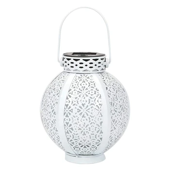 

2 Pack Hanging Solar Lantern Metal Led Table Lamp Outdoor Solar Hollow-Out Lights with Handle, 6 Lumens, White