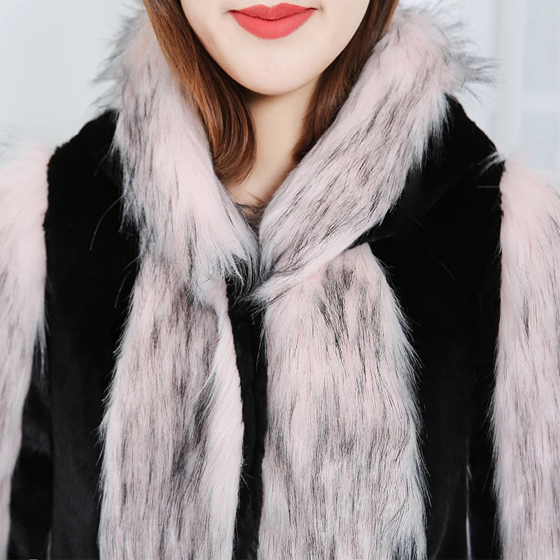 Nerazzurri Подиум пэтчворк пальто из искусственного меха с капюшоном розовое длинное зимнее женское модное пальто размера плюс верхняя одежда с цветными блоками 6xl 7xl искусственная шуба женская пальто из экомеха