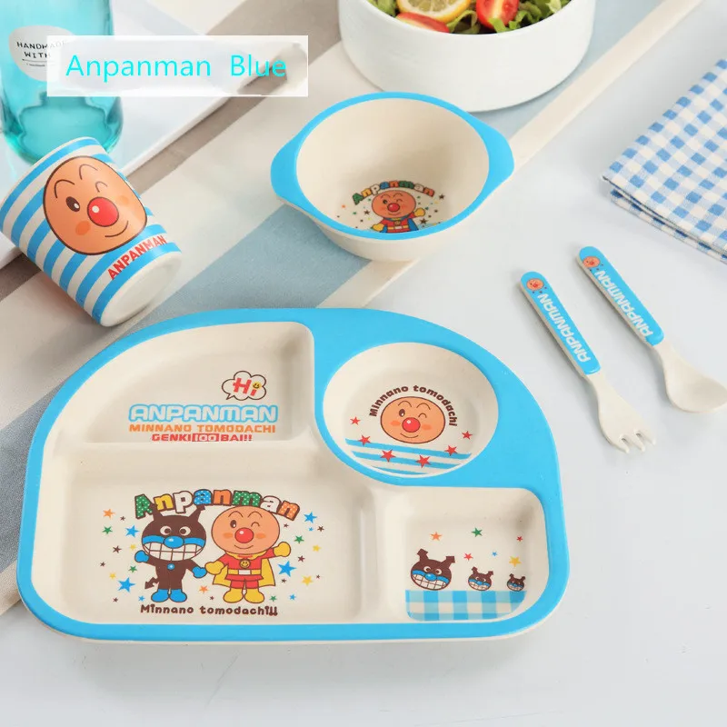 Anpanman Blue 5 шт./компл. Детские кормушки милые бамбуковое волокно Еда контейнер, безопасная посуда для детей Младенческая Столовая посуда тарелка для малыша поднос еды - Цвет: Anpanman Blue