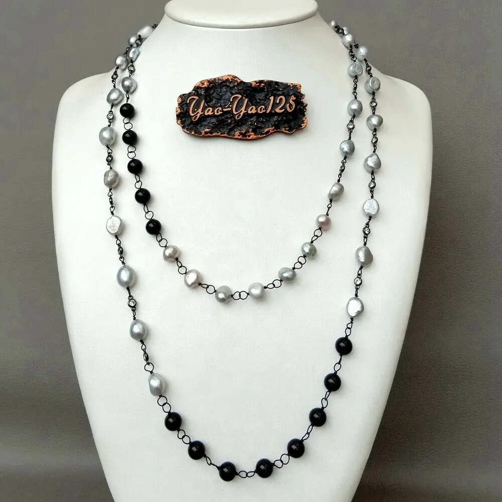 

49" Freshwater Gray Baroque Pearl Onyx Cz Pave Chain Long Necklace
