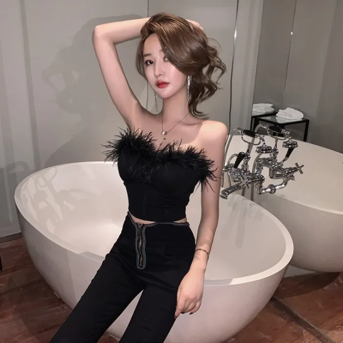 WENYIN футболка Весенняя летняя модная уличная одежда сексуальный Топ без бретелек с перьями Женская тонкая футболка женская одежда для ночного клуба