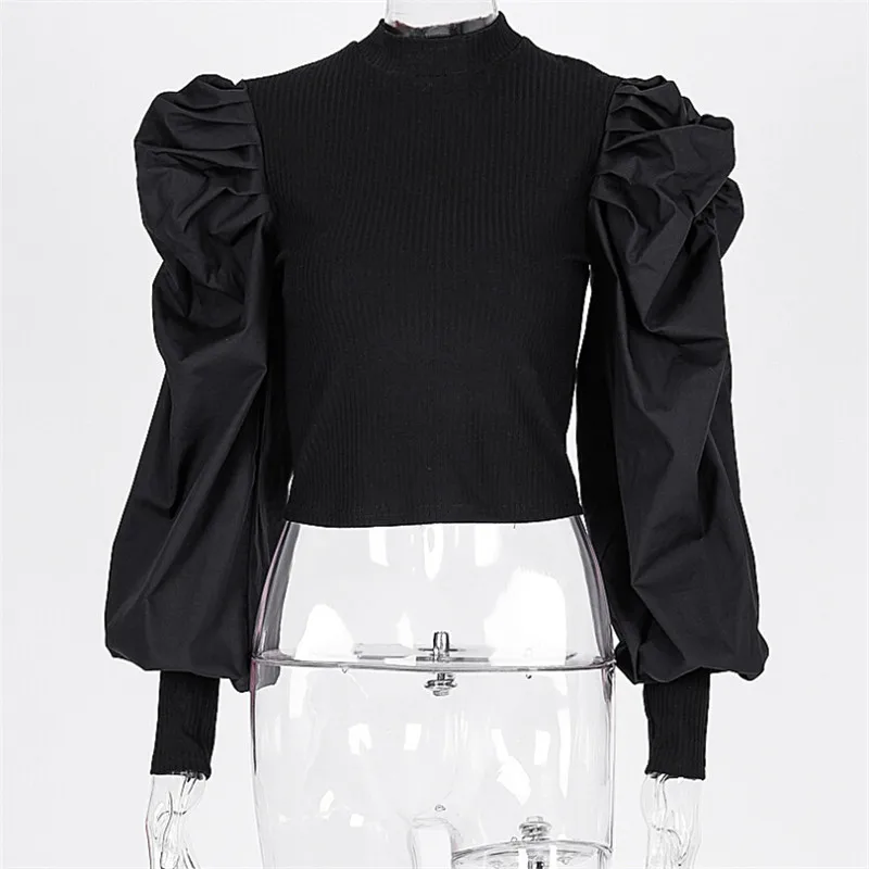Женская блузка с рукавом-фонариком, винтажные тонкие вязаные топы с длинным рукавом, зимние весенние Новые Топы, черные, белые - Цвет: Черный