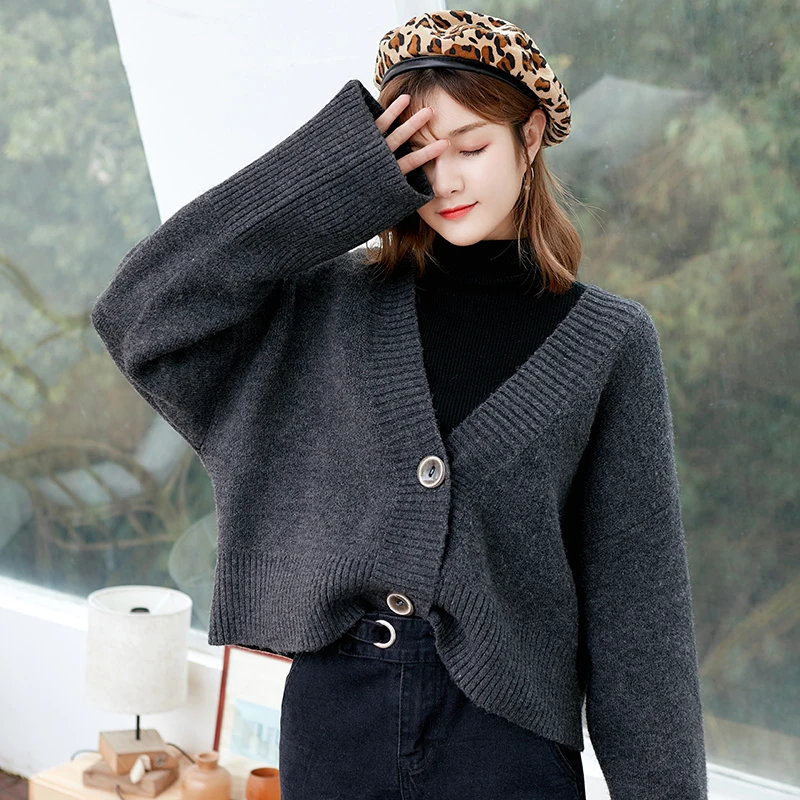 

Women Button Cardigan Cropped Sweater Korean Fashion Loose V Neck Plain Braided Knitted Jacket Coat Women Clothing Autumn Winter