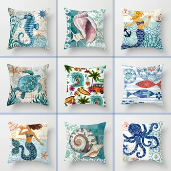 

45x45cm Vintage Mediterranean Ocean Pillow Case Pillowcase Peach Skin Decorative Pillowcases Waist Pillow Cover Polyester Pillo