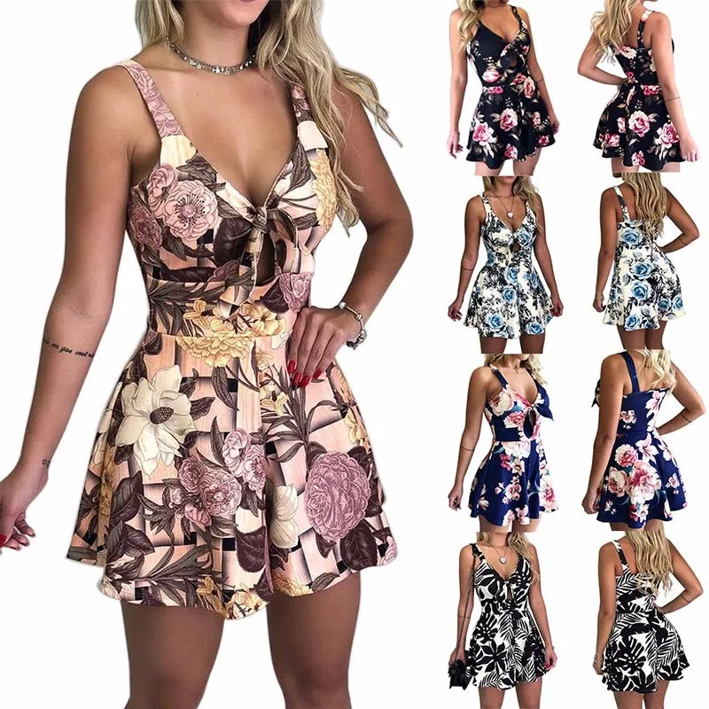 

Jumpsuit Women Jumpsuit Summer Floral Print Sleeveless V Neck Bow Sexy Vintage Jumpsuits Playsuit Combishort Bikini Outer Cove