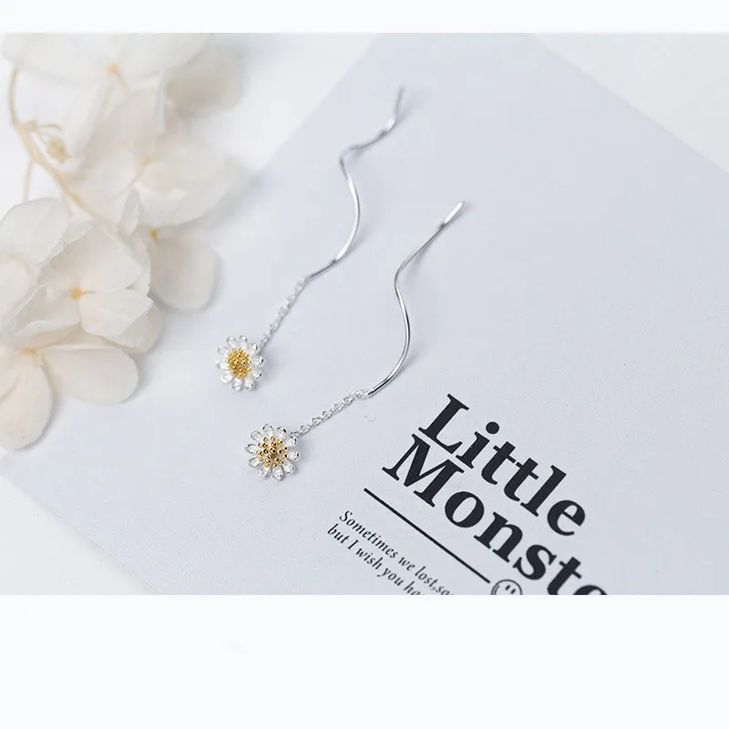 WANTME Genuine 100% 925 Sterling Silver Korean Cute Small Daisy Long Dangle Drop Earrings for Women Party Jewelry Gift Wholesale