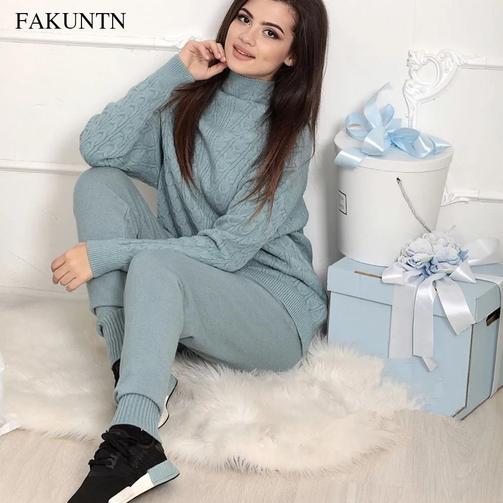 

Women Sets Tracksuit Suit Lounge Wear Turtleneck Knitted Sweater And Pants Two Piece Suits Autumn Winter Women Pants Sets Outfit